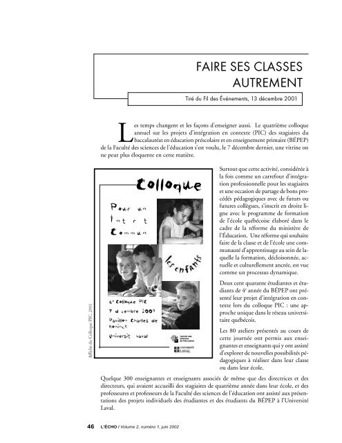 ÉCHO du RÉS.E.A.U Laval, volume 2, numéro 1 - Faculté des ...