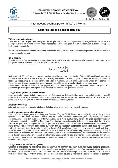 Laparoskopická bandáž žaludku - Fakultní nemocnice Ostrava