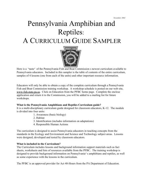 Pennsylvania Amphibian And Reptiles : A Curriculum Guide Sampler