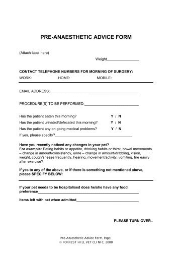 PRE-ANAESTHETIC ADVICE FORM - Forrest Hill Veterinary Clinic