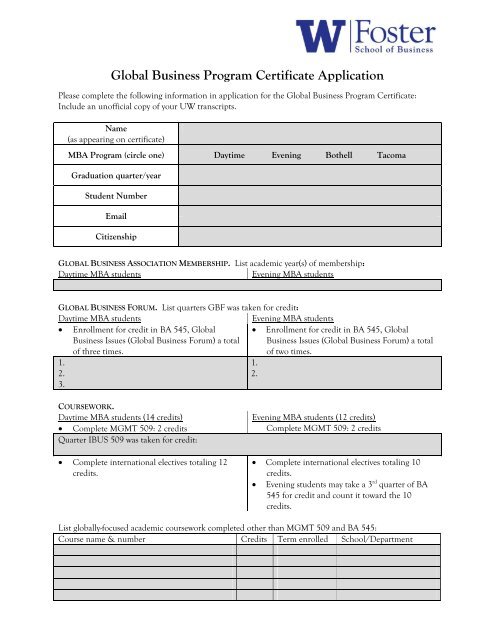 Global Business Certificate Application - University of Washington ...