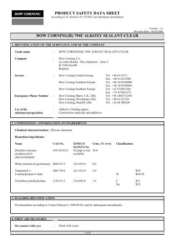 product safety data sheet dow corning(r) 794f alkoxy sealant-clear