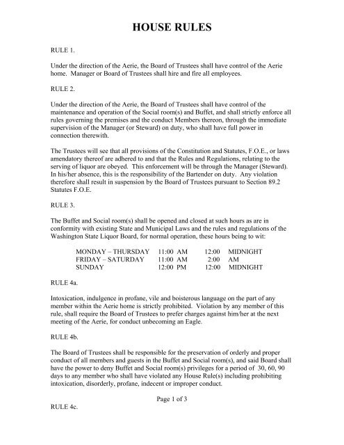 HOUSE RULES - Fraternal Order of Eagles