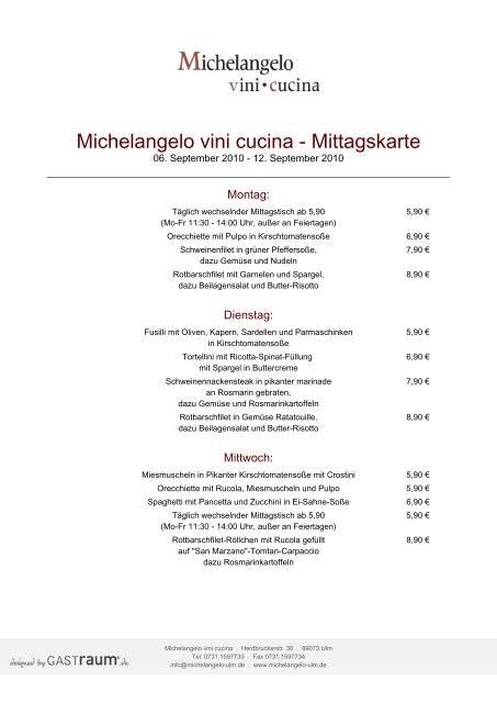 Michelangelo vini cucina - Mittagskarte - GastRaum