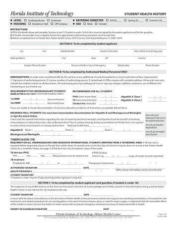 Student Health History Form - Florida Institute of Technology