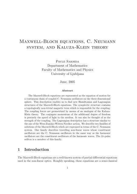 Maxwell-Bloch equations, C. Neumann system, and Kaluza-Klein ...