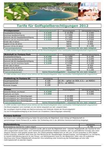 Tarife für Golfspielberechtigungen 2012 - Golfclub Fontana