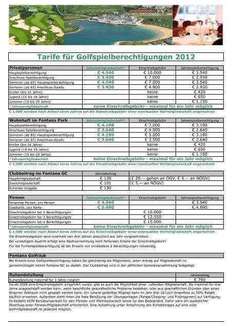 Tarife für Golfspielberechtigungen 2012 - Golfclub Fontana