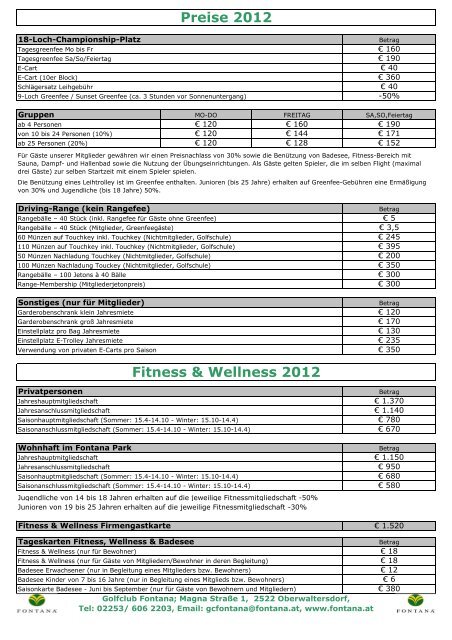 Tarife für Golfspielberechtigungen 2012 - Golfclub Fontana