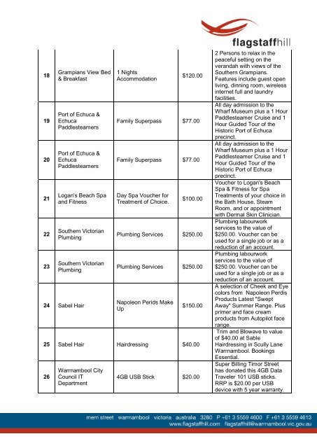 Items For Auction - Flagstaff Hill