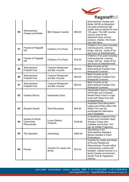 Items For Auction - Flagstaff Hill