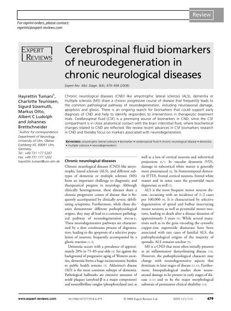 Cerebrospinal fluid biomarkers of neurodegeneration in chronic ...