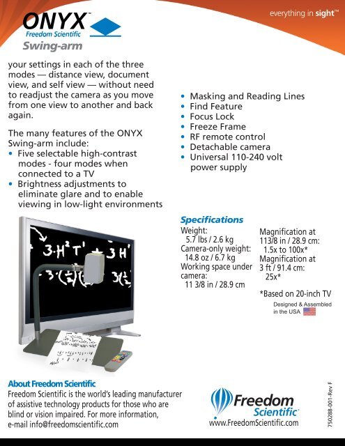 ONYX Swing-arm Data Sheet (PDF) - Freedom Scientific