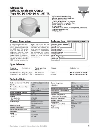 Ultrasonic Diffuse, Analogue Output Type UC 80 CND 60 A . M1 TR