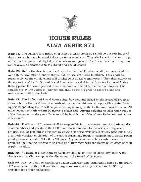 HOUSE RULES ALVA AERIE 871 - Fraternal Order of Eagles