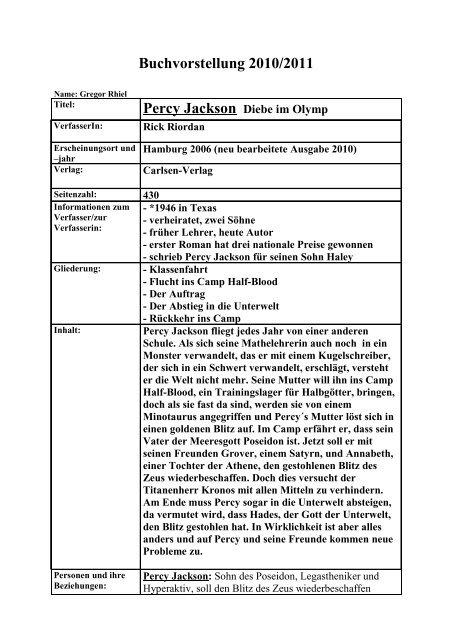 Buchvorstellung 2010/2011 Percy Jackson Diebe im Olymp
