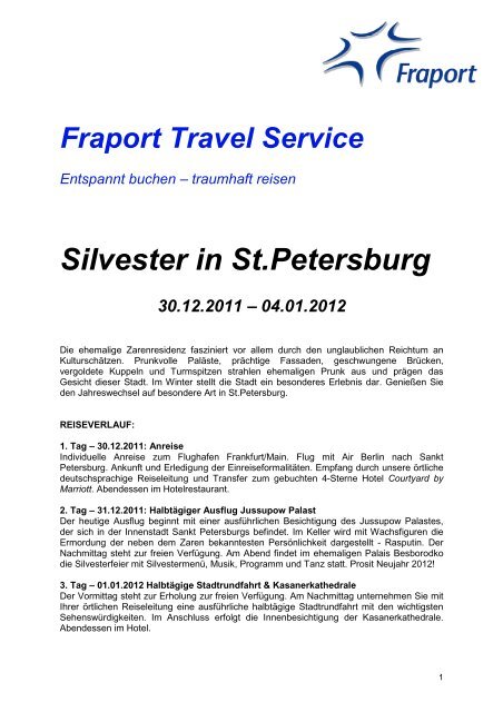 Reiseausschreibung Silvester Fraport Flughafen Frankfurt