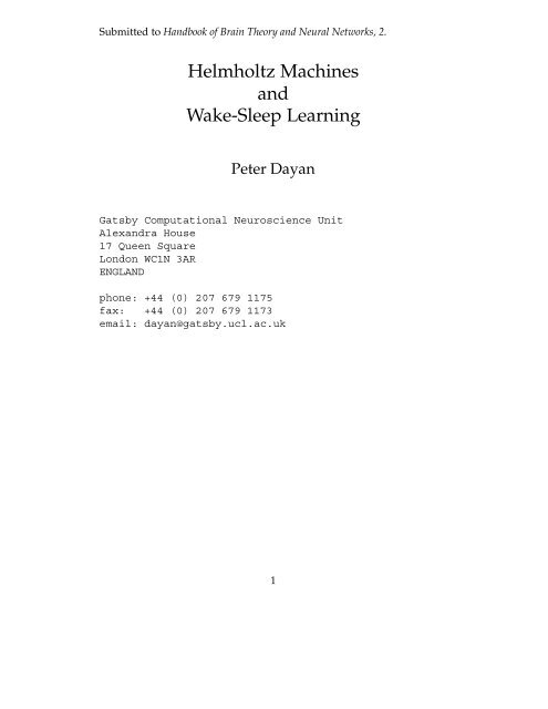 Helmholtz Machines and Wake-Sleep Learning - Gatsby ...