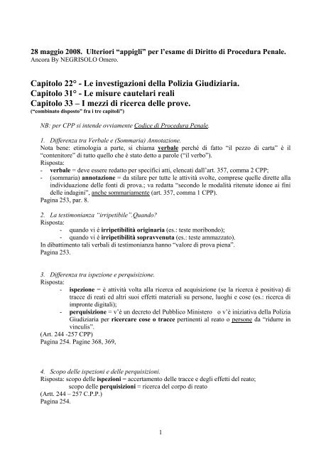 Capitolo 22° - Le investigazioni della Polizia Giudiziaria. Capitolo 31 ...