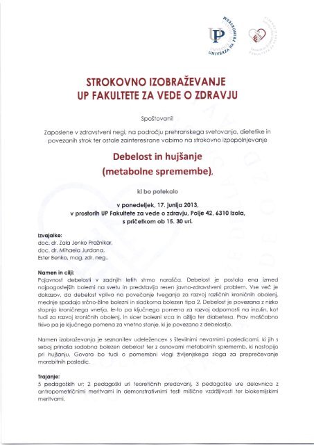 VABILO na izobraževanje - Fakulteta za vede o zdravju
