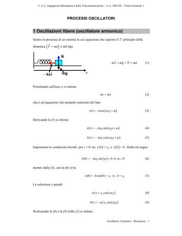 1 Oscillazioni libere (oscillatore armonico) ( ) ( ) ( ) ( ) 0 e ( )0 - Fisica