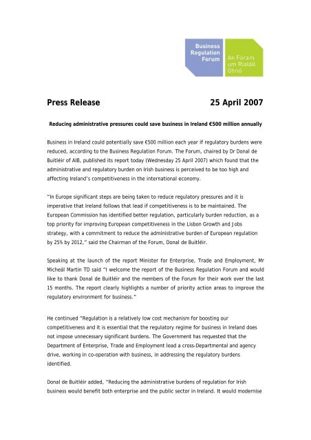 Report of the Business Regulation Forum Press Release - Forfás