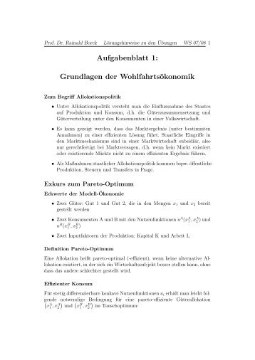 Aufgabenblatt 1: Grundlagen der Wohlfahrtsökonomik