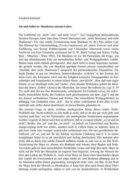 Friedrich Kümmel Ich und Selbst in Shankaras advaita-Lehre. Die ...