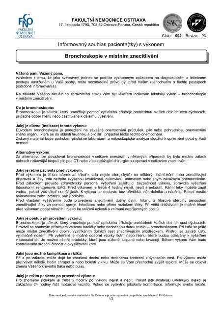 Bronchoskopie v místním znecitlivění - Fakultní nemocnice Ostrava