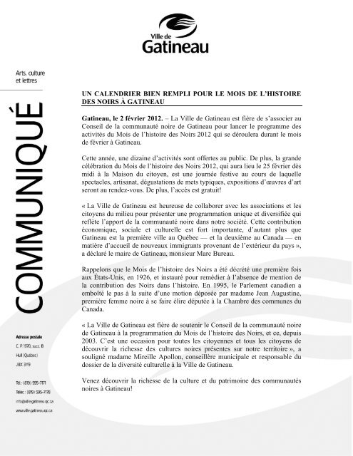 UN CALENDRIER BIEN REMPLI POUR LE ... - Ville de Gatineau