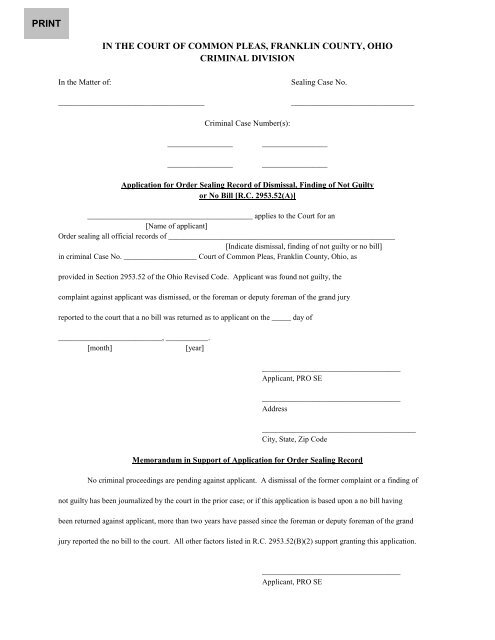 Sealing Case with Dismissal - Franklin County, Ohio