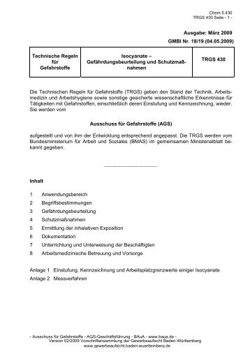 TRGS 430 "Isocyanate - Gefährdungsbeurteilung - Gewerbeaufsicht ...