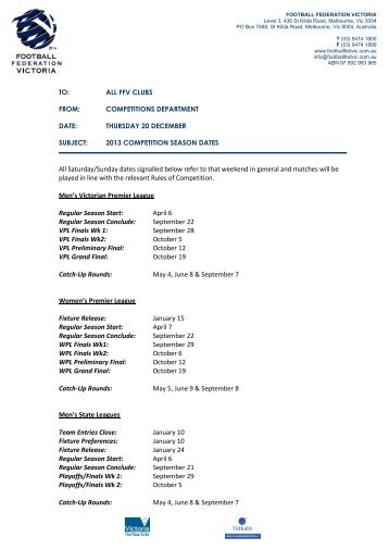 FFV 2013 Key Season Dates - Football Federation Victoria