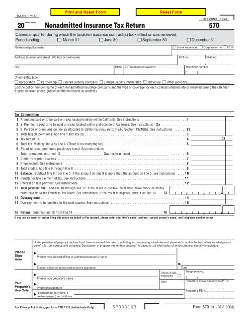 Form Tr570 Form 570 - Nonadmitted Insurance Tax Return - California ...