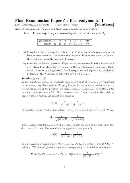 Final Examination Paper for Electrodynamics-I [Solutions]