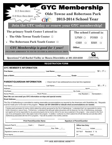 GYC Registration Form - City of Gaithersburg