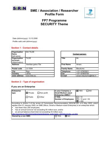 SME / Association / Researcher Profile Form FP7 Programme ...