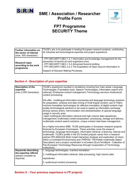 SME / Association / Researcher Profile Form FP7 Programme ...