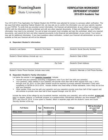 Worksheets Verification Worksheet Dependent Student dependent verification worksheet pdf framingham state university