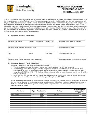 Verification Worksheet Dependent - Framingham State University