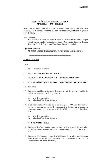 16.01.2001 ASSEMBLÉE RÉGULIÈRE DU ... - Ville de Gatineau