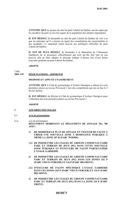 16.01.2001 ASSEMBLÉE RÉGULIÈRE DU ... - Ville de Gatineau