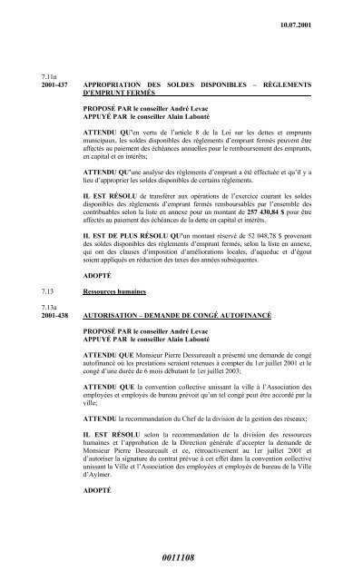 16.01.2001 ASSEMBLÉE RÉGULIÈRE DU ... - Ville de Gatineau