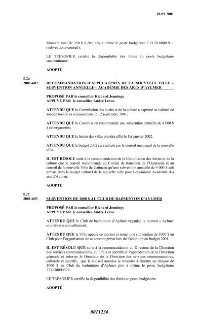 16.01.2001 ASSEMBLÉE RÉGULIÈRE DU ... - Ville de Gatineau