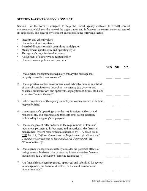 internal control self-assessment form - Federal Transit Administration