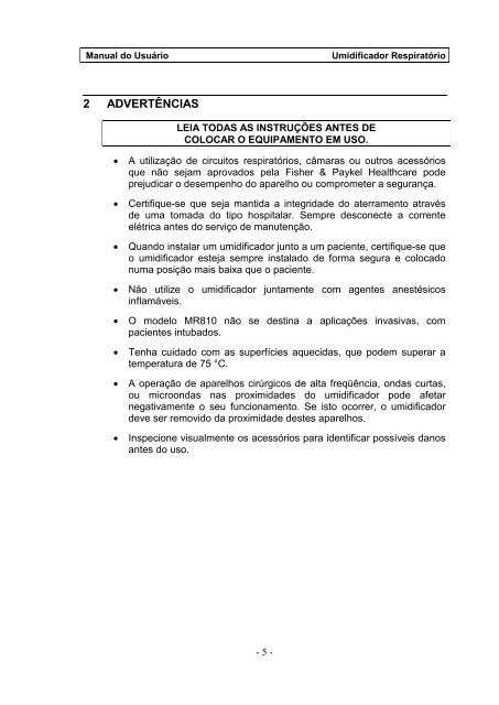 Umidificador Respiratório Manual do Usuário - FisioCare