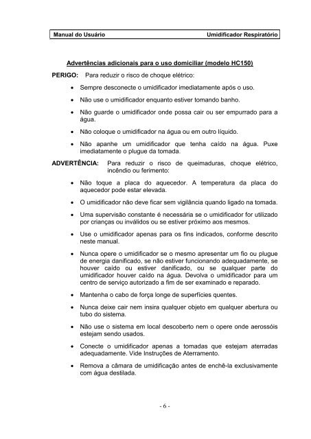 Umidificador Respiratório Manual do Usuário - FisioCare