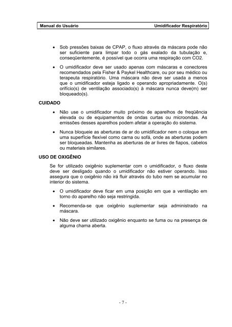 Umidificador Respiratório Manual do Usuário - FisioCare