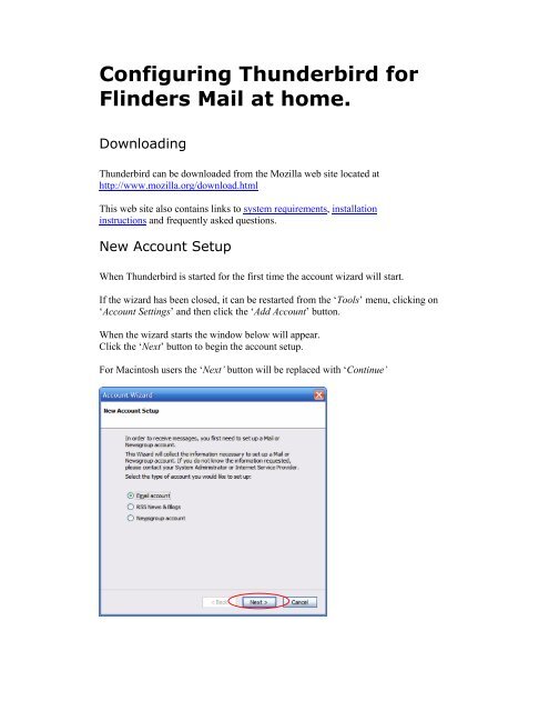 Configuring Thunderbird for Flinders Mail at home.
