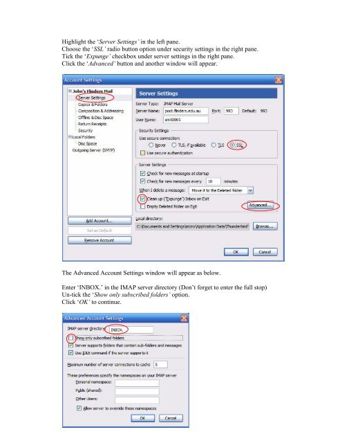 Configuring Thunderbird for Flinders Mail at home.